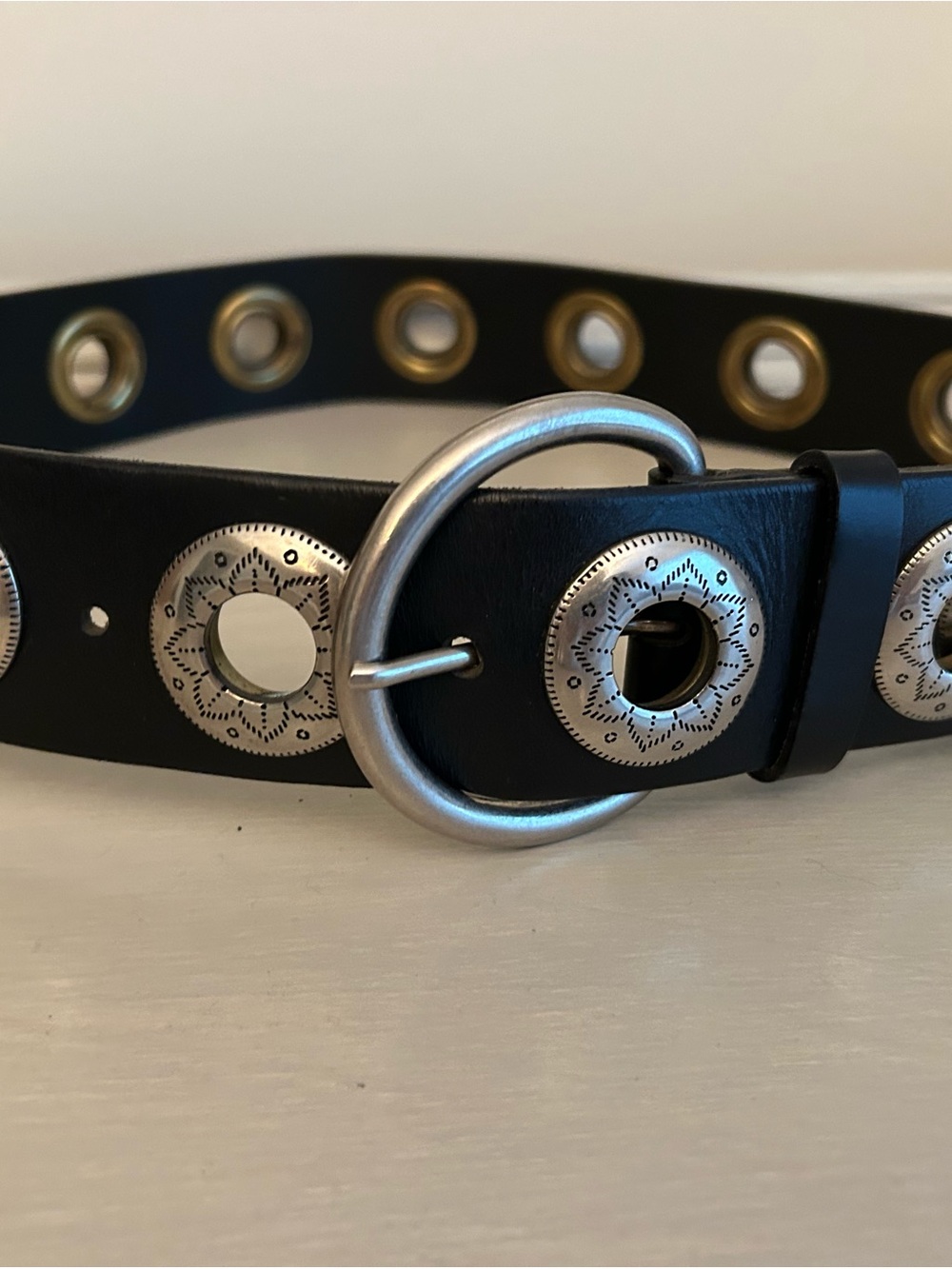 Black  Vegan Leather Eyelet Belt with Silver Accents